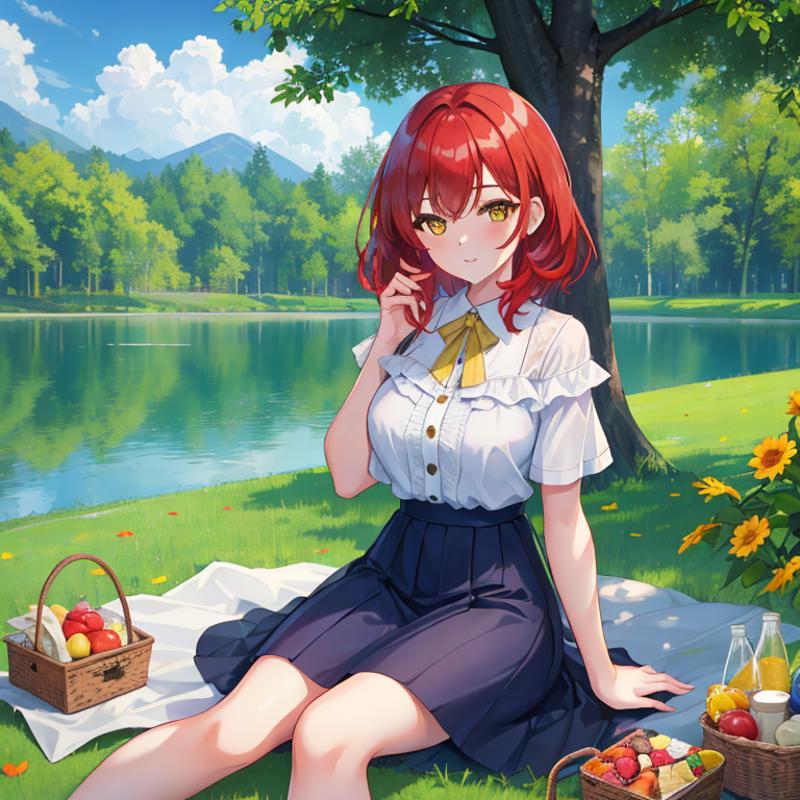 00134-2299588987-1Girl, mature, American, redhead, medium hair, yellow eyes, sitting on a picnic blanket near a lake, elegant summer dress, happy.png